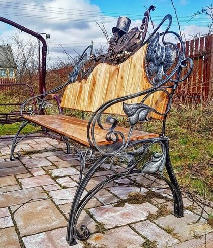 Кованая скамейка с чеширским котом КС-212